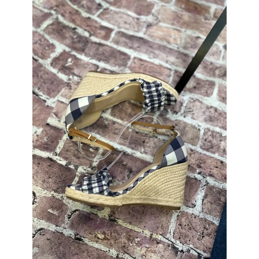 Draper James RSVP Navy Gingham Ruffle Espadrille Wedge Sandals Womens 9 Buffalo